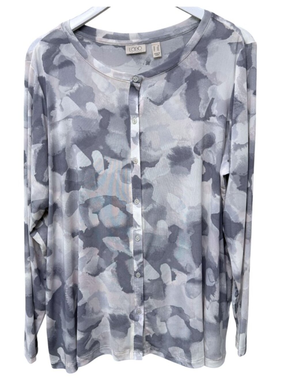 LOGO Lori Goldstein Mesh Cardigan Plus Size 1X Stretch Sheer Top Gray Camo